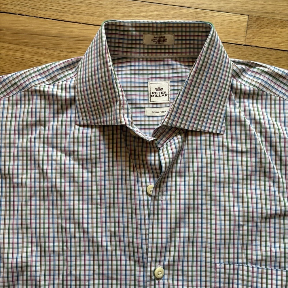 Peter Millar Long Sleeve Dress Shirt Men's M Plaid 100% Cotton Multicolor Cream - Picture 5 of 11
